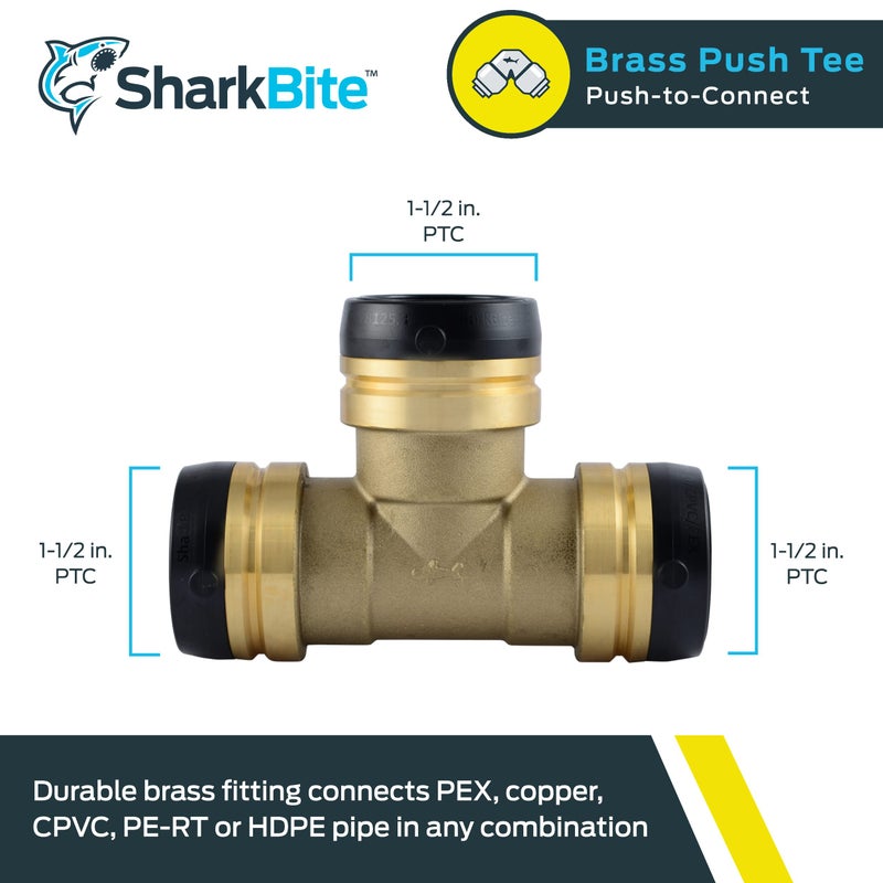 SharkBite 1-1/2 Inch Tee, Push to Connect Brass Plumbing Fitting, PEX Pipe, Copper, CPVC, PE-RT, HDPE, UXL0841 - Image 2